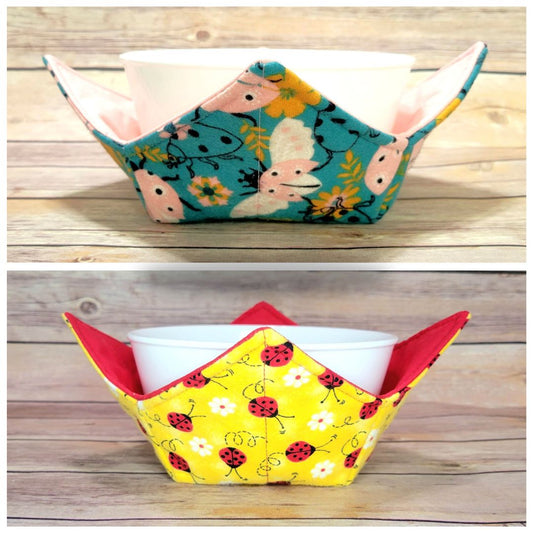 Ladybug Bowl Cozy Hot Pad | Pink Red Yellow Flower Padded Bowl Holder