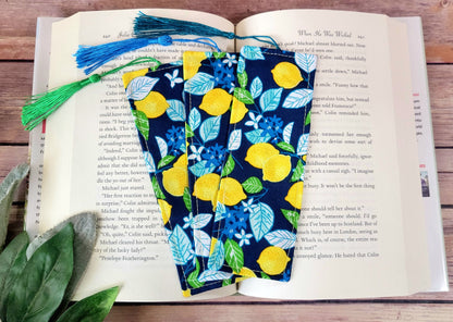 Lemon Fabric Bookmark with Tassel | Lemons on Blue Bookmarks