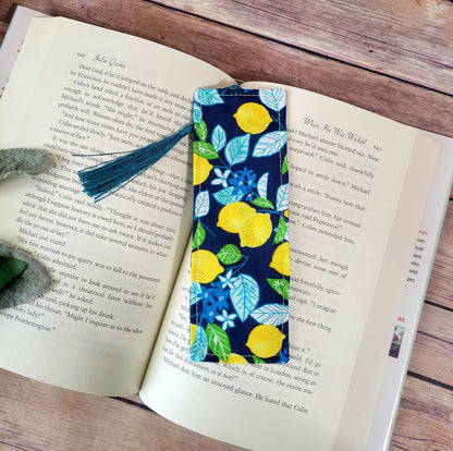 Lemon Fabric Bookmark with Tassel | Lemons on Blue Bookmarks