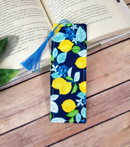 Lemon Fabric Bookmark with Tassel | Lemons on Blue Bookmarks